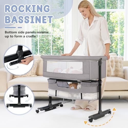 Semphis Baby Bassinet, 3 in 1 Bassinets Bedside Sleeper, Adjustable Height Bedside Sleeper with Rocking Mode, Breathable Mesh, Storage Basket, Wheels, Easy Assemble & Folding (Gray)