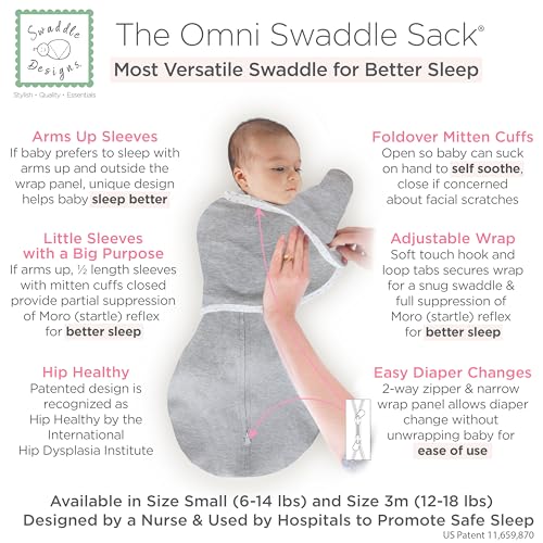 SwaddleDesigns 6-Way Omni Swaddle Sack, Arms Up Swaddle for Newborn, More Options to Calm Startle Reflex, Improves Sleep, Small, 0-3 month, 6-14 lbs, Heathered Gray