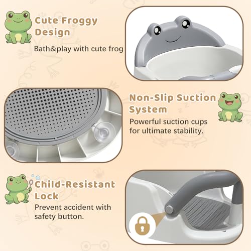 Baby Bath Seat for Babies 6 Months & Up, Non-Slip Toddler Bath Seat with Suction Cup, Safe and Comfortable Portable Infant Bathtub Chair for Bathroom, Bathtub Tub Sitting Up, Easy to Clean (Grey)