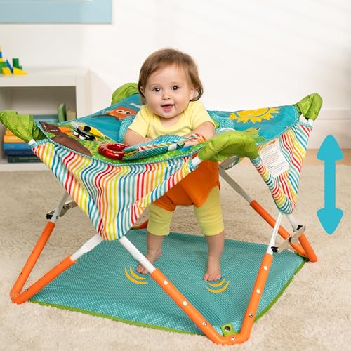 Bright Starts Pop 'N Jump Portable Baby Jumper, Foldable Indoor/Outdoor Baby Jumper with Owl Forest Sensory Activities, Ages 6–12 Months
