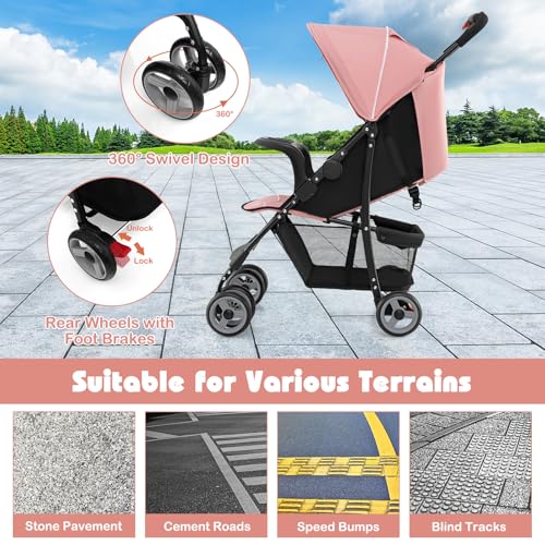 HONEY JOY Lightweight Stroller, Compact Travel Stroller for Airplane, Toddler Fold Pushchair w/Adjustable Canopy & Backrest, Storage Basket, Umbrella Stroller for Infants (Pink)