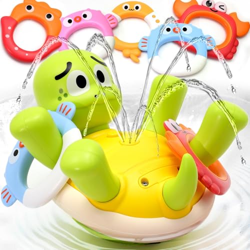 Sizobi Baby Bath Toys, Rechargeable Turtle Bath Toy Sprinkler for Toddler with 5 Rings, Bathtub Fountain Spray Toy,Pool Water Bath Toys for Kids Ages 1-3, Boys Outdoor Water Table Toy Birthday Gifts