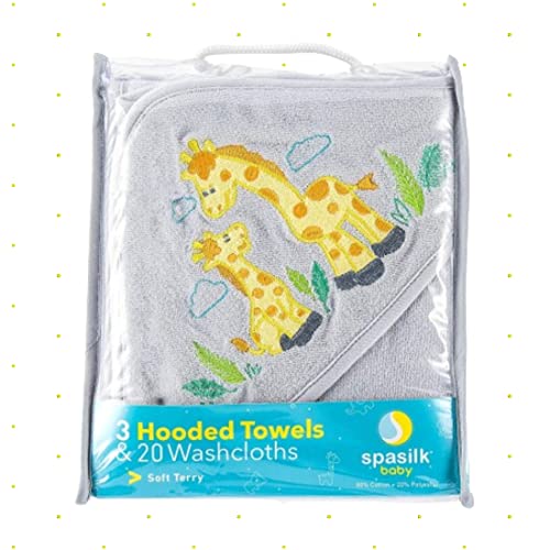 Spasilk 23-Piece Soft Terry Hooded Bath Towel and Washcloth Gift Set, 3 Baby Towels and 20 Baby Washcloths for Unisex Newborn Bath Essentials, Ideal, Gray Giraffe Safari