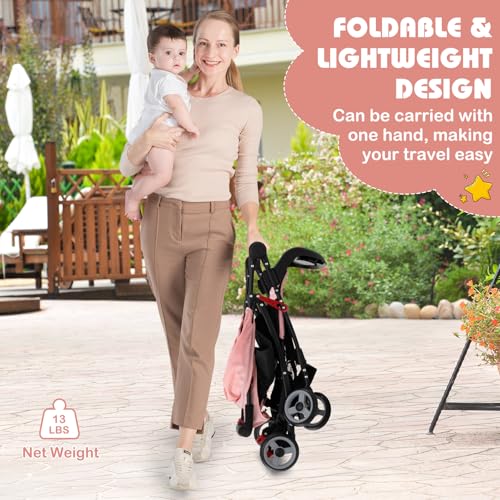 HONEY JOY Lightweight Stroller, Compact Travel Stroller for Airplane, Toddler Fold Pushchair w/Adjustable Canopy & Backrest, Storage Basket, Umbrella Stroller for Infants (Pink)