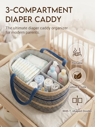 ZOES HOMEWARE Sapphire Blue Diaper Caddy Organizer, Jute Woven Baby Basket, Baby Caddy Nursery Storage Organizer, Shower Gifts for Newborn, Hand Woven Crafted (Brown&Blue),14.2"x 8.7"x7.1”