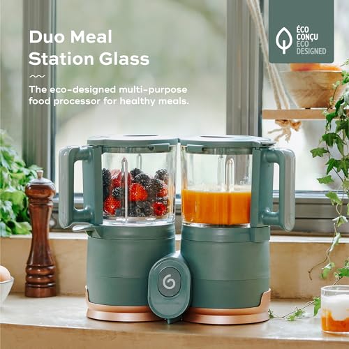 Babymoov Duo Meal Glass Food Maker - Baby Food Processor with Built-in Glass Steamer, Stainless Steel Basket, and Glass Blender (Over 6 Cup Capacity), Dark green