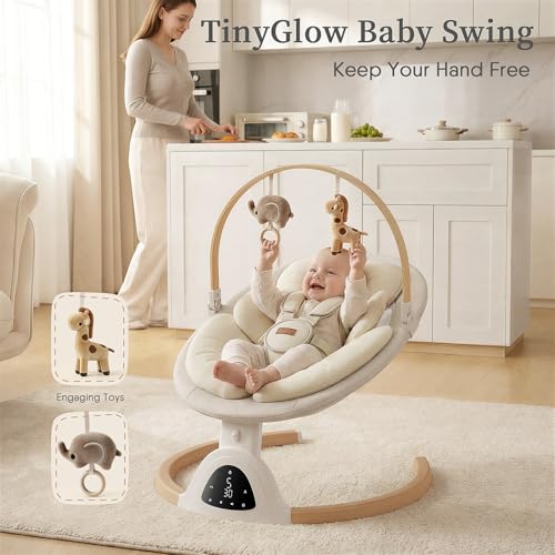 Baby Swings for Infants, TinyGlow Baby Swing, Electric Baby Swing with Remote Control, Portable Infant Swing for Indoor & Outdoor Use (Beige)