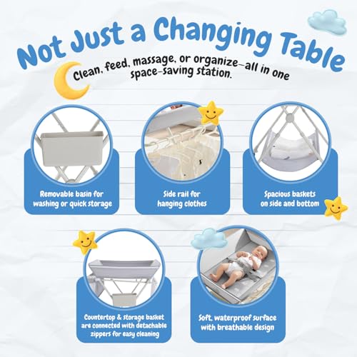 BABY SKYE Diaper Changing Table Portable with Wheels Foldable Diaper Station Organizer & Storage Rack Newborn and Baby (Light Grey)