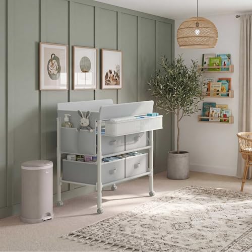 BOLUO Baby Changing Table with 4 Drawers, Waterproof Diaper Changing Station with Storage, Adjustable Height Baby Changing Station for Mobile Nursery Grey