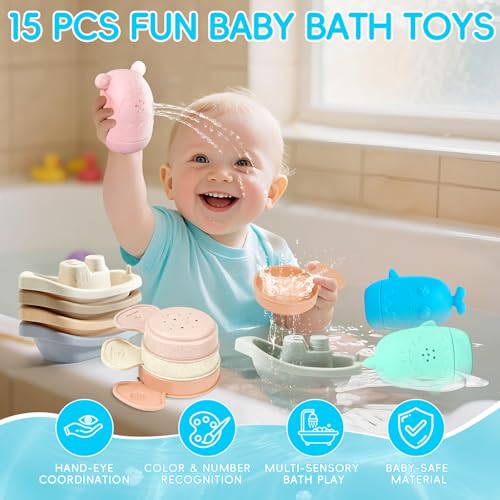 Baby Bath Toys for Kids Ages 1-3, 15PCS Mold Free Bath Toys Toddlers 2-4, Bathtub Pool Water Table Toys, Silicone Bath Toy and Floating Boats & Stacking Spoons for Babies 6-12 Months