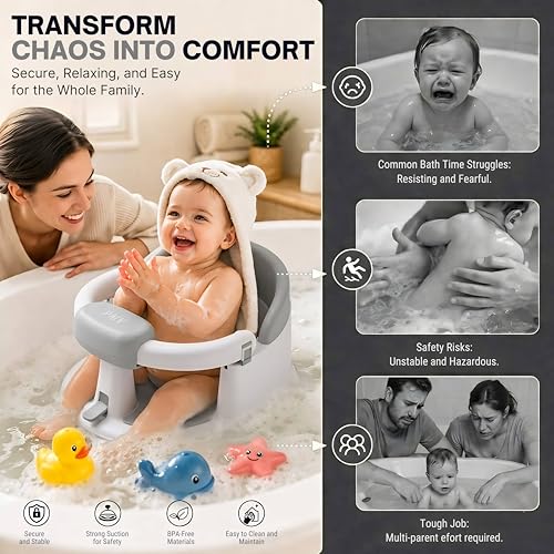 PMV Baby Bath Seat for Sitting Babies, Non-Slip Baby Bath Chair with 3 Suction Cups, Safe & Comfortable Toddler Bath Support Seat for Bath/Shower Use, Stable Design, Gray (6–24 Months) (Gray)