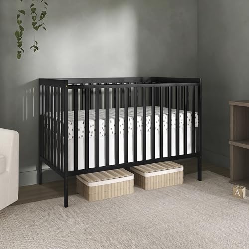 Dream On Me Synergy 5-in-1 Convertible Full-Size Baby Crib with Toddler, Day & Full Bed Conversion in Black, GreenGuard Gold & BSA, 3 Mattress Heights, Sustainable Pinewood