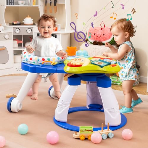 INFANS 3 in 1 Walk Around Baby Activity Center, Baby Walker with Play Table, Wheels, Detachable Seat Cushion, 3 Adjustable Heights, Learning Toys for Boys Girls Aged 6-36 Months (Blue)