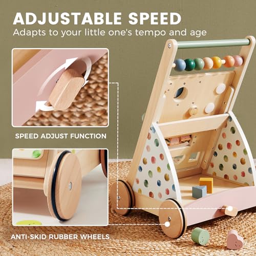 Tiny Land Wooden Baby Walker with Adjustable Speed, Montessori Activity Push Walker Toy for Toddlers, Baby Gift Parents Love for Boys & Girls(Morandi)