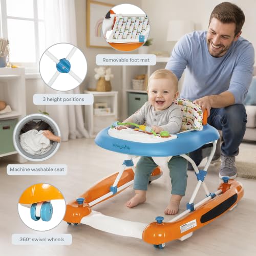 Dream On Me Go-Getter Baby Walker with Rear Push Handle, 2-in-1 Activity Walker and Walk-Behind, 3 Height Adjustments, Easy to Fold, Machine-Washable Seat Pad, Detachable Fun Tray, Orange