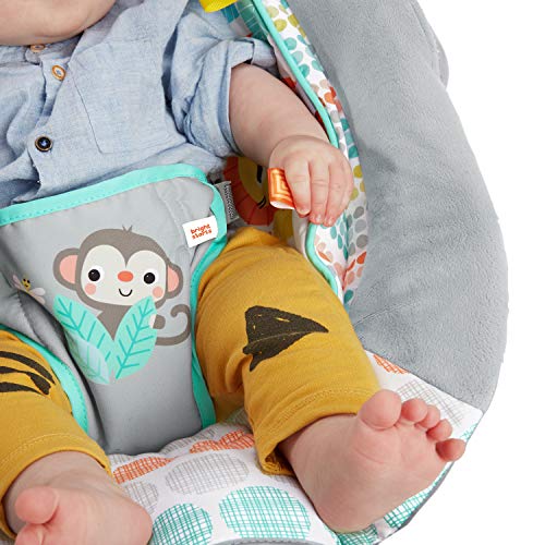 Bright Starts Comfy Baby Bouncer Soothing Vibrations Infant Seat - Taggies, Music, Removable -Toy Bar, 0-6 Months Up to 20 lbs (Whimsical Wild)