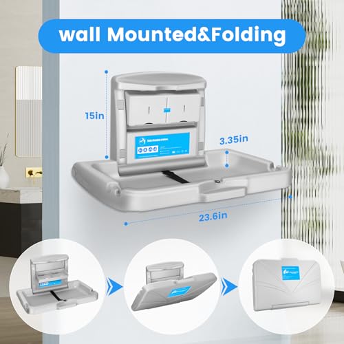 Baby Changing Station Wall Mounted,Commercial Baby Changing Station with Safety Strop,Foldable Wall Mounted Changing Table for Commercial Bathroom,Suitable for Commercial, Hotels & Airports