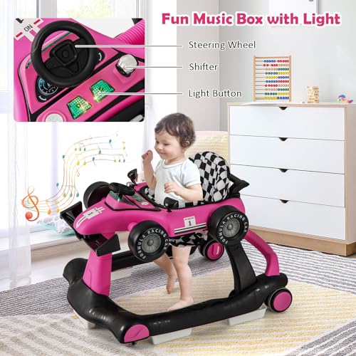 HONEY JOY 4-in-1 Baby Walker, Activity Push Walker w/3 Adjustable Heights, Smooth Wheels w/Adjustable Speed, Padded Seat, Music & Light, Foldable Car Walker for Baby Boys Girls Age 6 Months+ (Pink)