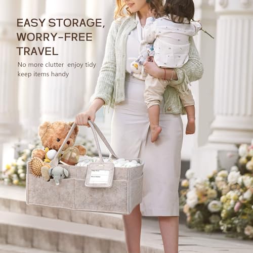GEMII Diaper Caddy Organizer-Large Baby Caddy Organizer with Handle, Newborn Registry Essentials, Baby Shower Basket Gifts for Boys or Girls (Oatmeal, Large)