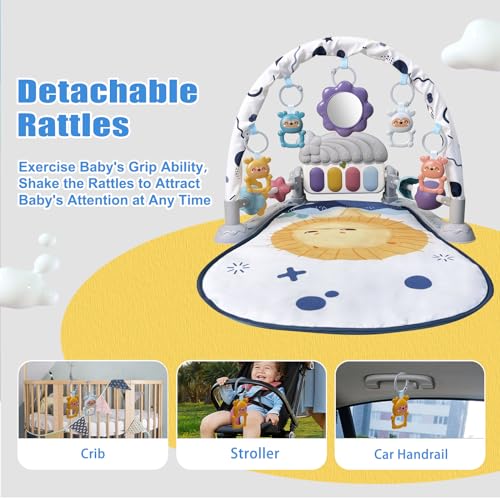 Cuterabit Baby Play Gym Mat, Baby Gym Activity Center, Kick and Play Piano with Music and Light, Tummy Time Toys for Newborn Babies Infants Boys Girls 0-3-6-9-12 Months (Grey)