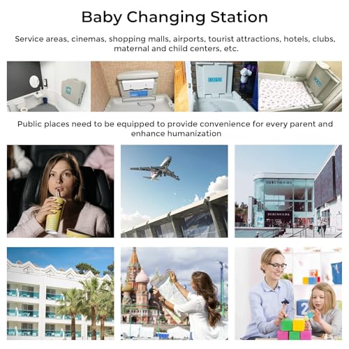 KSITEX Baby Changing Table Wall Mounted,Baby Changing Station with Safrty Strap,HDPE Fold-Down Diaper Changing Station Table,Foldable Diaper Changing Unit for Commercial Bathroom Restroom(Horizontal)
