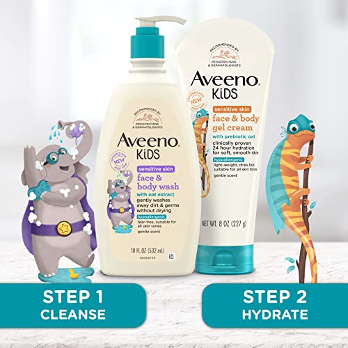 Aveeno Sensitive Skin Face & Body Gel Cream for Kids with Prebiotic Oat, Clinically Proven 24 Hour Hydration for Soft Skin, Quick Drying and Lightweight, Hypoallergenic, 8 oz