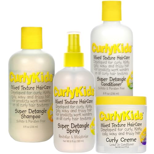 CurlyKids Textured Hair Care Set for Kids, Spray, Shampoo & Creme, 4 Pack