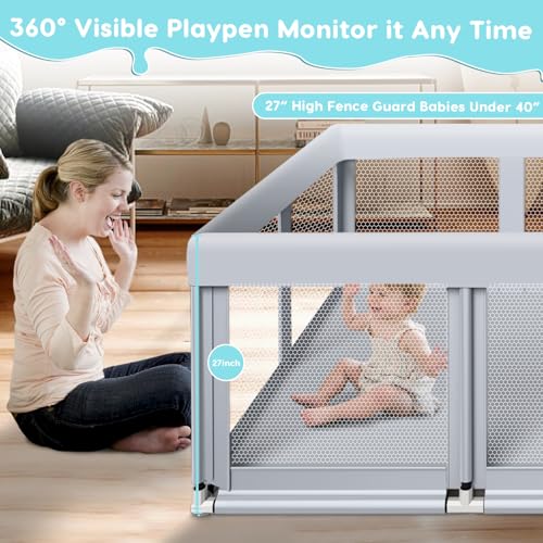 Fshibila 74" ×50" Large Baby Playpen, Baby Playard for Babies and Toddlers, Baby Fence Play Pens for Indoor & Outdoor, Sturdy Safety Play Yard with Soft Breathable Mesh, Anti-Fall, Grey