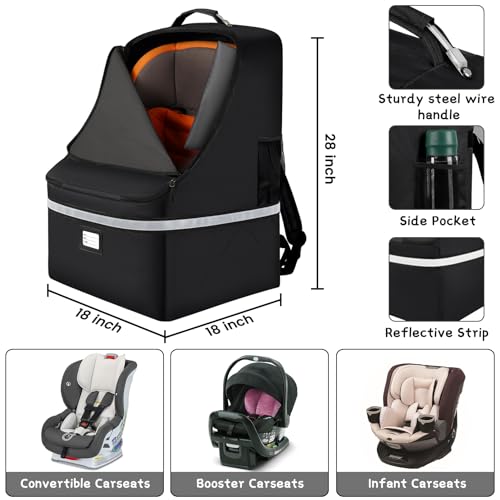 Car Seat Travel Bag,Padded Car Seats Backpack with Steel Cable Handle and Reflective Stripes, Large Durable Carseat Carrier Bag,Airport Gate Check Bag,Infant Seat Travel Bag with Shoulder Strap,Black