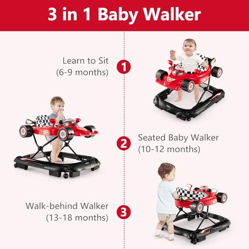 INFANS Foldable Baby Walker, 3 in 1 Toddler Activity Center Leaning-Seated Walk-Behind with Steering Wheel, Adjustable Height, Lights, Music, Washable Seat Cushion (Cherry)