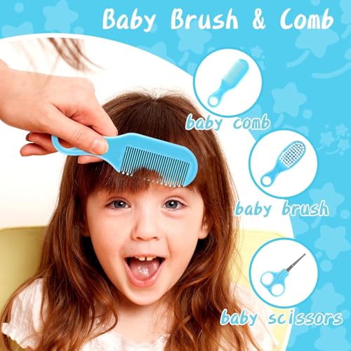 Baby Grooming and Healthcare Kit, Portable Baby Safety Care Set with Hair Brush Comb Nail Clipper Nasal Aspirator for Nursery Newborn Infant Girl Boy (25 in 1 Blue)