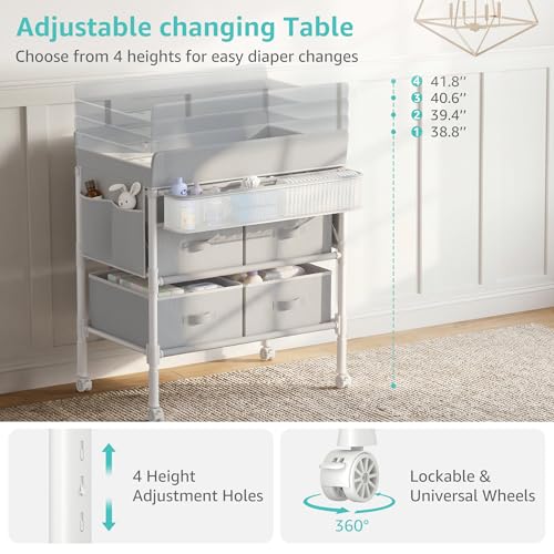 BOLUO Baby Changing Table with 4 Drawers, Waterproof Diaper Changing Station with Storage, Adjustable Height Baby Changing Station for Mobile Nursery Grey