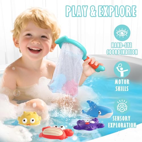Mold Free Bath Toys for Toddlers 1-3, No Hole Ocean Animal Bathtub and Pool Toys with Mesh Organizer, Sensory Water Toys for Babies 6-12 Months, 9 Pack