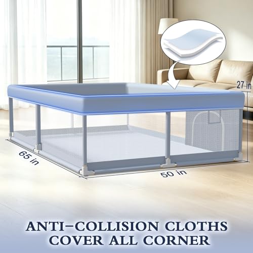XVISHX 65 x 50 Inch Baby Playpen, Playpen for Babies and Toddlers, Baby Play Pen Playard for Indoor & Outdoor Active Center Game Fence, with Skin-Friendly Fabric and Soft Breathable Mesh, Grey