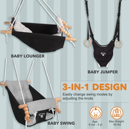 2-in-1 Baby Jumper & Swing, Montessori Wooden Toddler Swing Set with Stand for Indoor/Outdoor, Baby Bouncer Jumper & Hammock Swing with 5-Point Harness, Suitable for Children Ages Up to 3 Yrs
