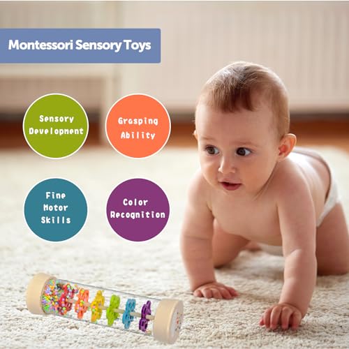 Rain Stick Montessori Baby Toys for 6-12 Months 1 Year Old, Wooden Rainmaker Infant Musical Sensory Toy, Baby Shower Gift for Newborn Toddler Boys Girls, 7.7"