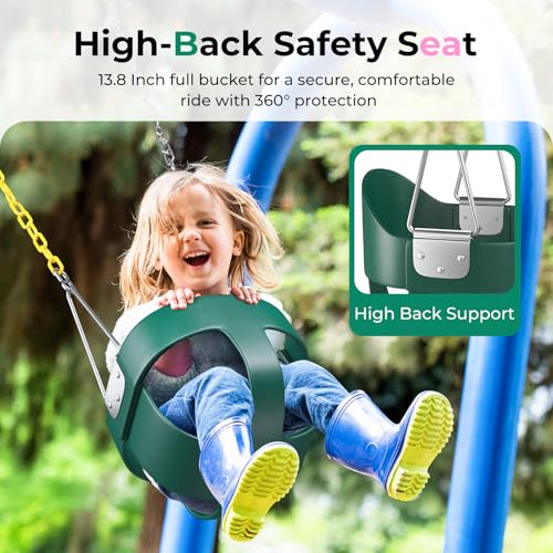 DECORLIFE Toddler Swing, Baby Swing Outdoor –High Back Full Bucket Swing Set, 330lb Capacity, Safety Design, Plastic-Coated Chains and Quick-Snap Carabiners for Backyard, Playground