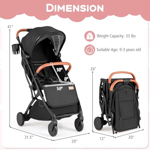 BABY JOY Lightweight Stroller, Compact Travel Stroller with One-Hand Fold, Adjustable Backrest, Canopy, Cup Holder, Footmuff & Storage Basket for Toddlers (Black)