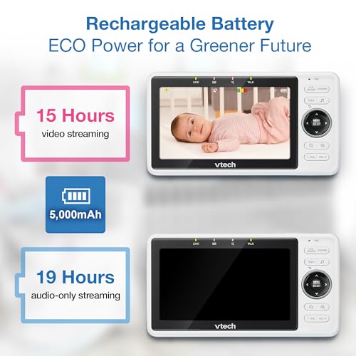 VTech Smart WiFi Baby Monitor, 2 Cameras – See Both Rooms at Home or from Anywhere, Free App, 1080p Split Screen, 5" HD Screen, Pan-Tilt-Zoom, Night Vision | VM901-2
