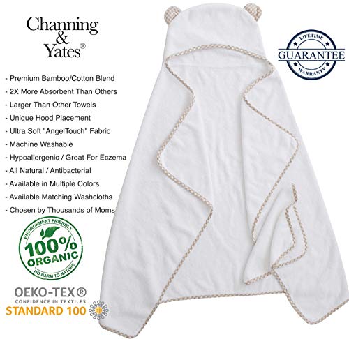 Channing & Yates Premium Organic Baby Towel Set - Soft Viscose Bamboo Hooded Towel & Washcloth - Girl & Boy Bath Essentials (Beige/White)