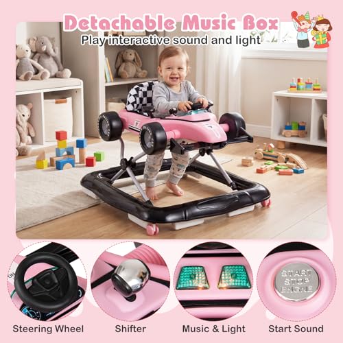 BABY JOY 4-in-1 Baby Walker, Foldable Activity Walker with Push Mode, Adjustable Height, Lights, Anti-Rollover, Baby Walker with Wheels for Boys Girls 6-18 Months (Pink)