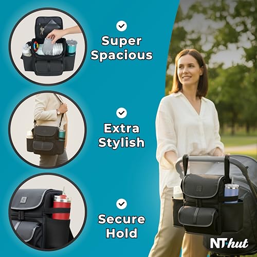 NT·hut Baby Stroller Organizer, Stroller Caddy , 2 Wide Cup Holders & Stability Bottle Straps, Adjustable Shoulder Strap, Fits 11" Tablet, Magnetic Pocket, YKK Zippers & Mesh Pockets, Waterproof