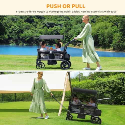 ELEMARA Stroller Wagon, 2 Seat Stroller for 2 Kids, Premium All Terrain Stroller for Kids w/Removable Canopy, Adjustable Push/Pull Handle, Large Storage Bag, Black