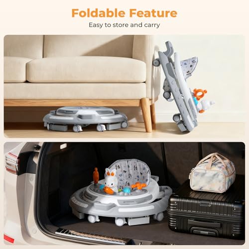 Baby Walker with Wheels - Foldable Baby Walker,4-in-1 Baby Walkers for Boys and Girls 6-12 Months, Infant Walker with Adjustable Height, Baby Activity Walker with Toys, Music, Lights, Anti-Rollover