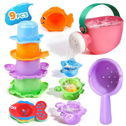 Baby Bath Toys for Kids Ages 1-3 9PCS Toddler Bath Toys Mold Free for 2-4 with Watering Can & Stacking Cups Colorful Bathtub Pool Water Toys for 1+ Year Old Girls Boys Gifts