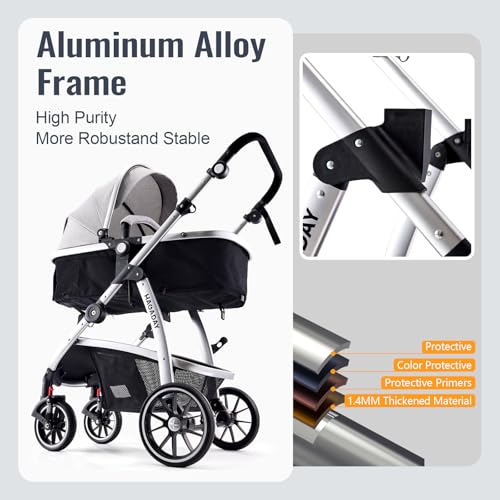 Hagaday Baby Stroller, 2-in-1 Reversible Toddler Seat with Basket Mode, Foldable Infant Stroller with Canopy, One Button Brake, Adjustable Handle, Newborn Pushchair (Gray)