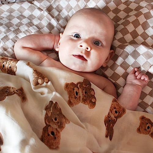 LifeTree Muslin Swaddle Blankets, Baby Swaddling Wrap Nursery Blanket Unisex, Soft 70% Viscose from Bamboo and 30% Cotton, Large 47 x 47 inches, Bear & Checkered Swaddle Blanket