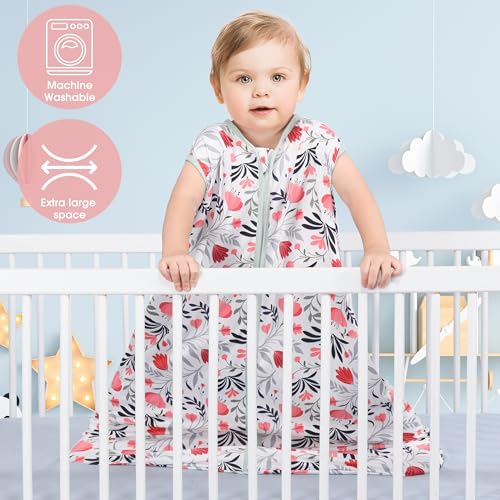GUNTAIL Baby Sleep Sack 6-12 Months 3 Pack Baby Wearable Blanket 100% Rayon Cotton 2-Way Zipper Toddler Sleeping Sack .Comfy Soft Lightweight TOG 0.3 (Banana&Flower&Pink,)