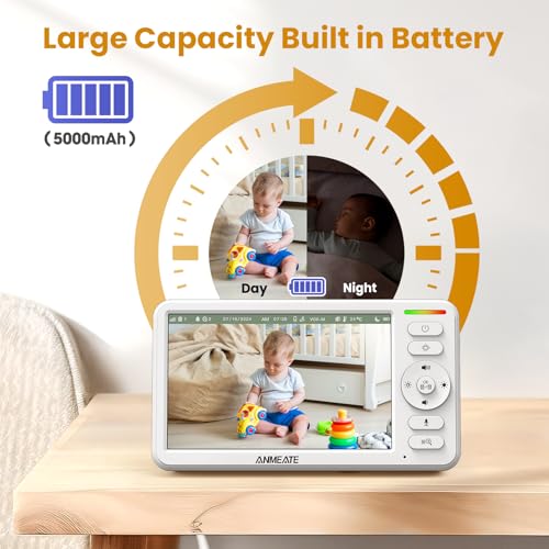 ANMEATE 6 Inch Baby Monitor with Camera and Audio - No WiFi, 48-Hour Battery, Thermal Sensor, Remote Pan/Tilt/Zoom, Two-Way Talk, Lullabies&White Noise, 1000ft Range