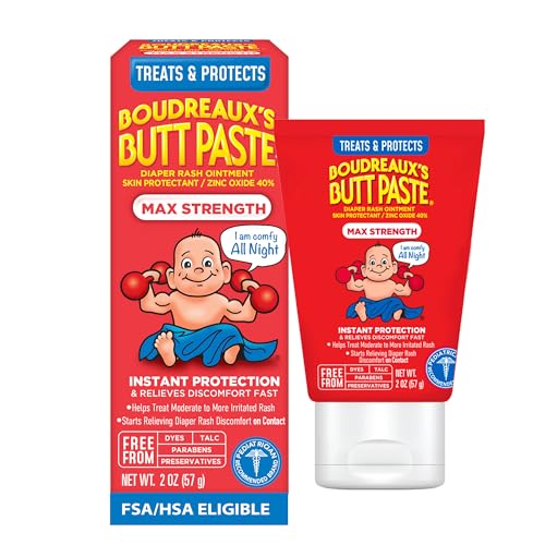 Boudreaux’s Butt Paste Max Strength Diaper Rash Cream for Baby, Ointment With Zinc Oxide, 2 oz Tube
